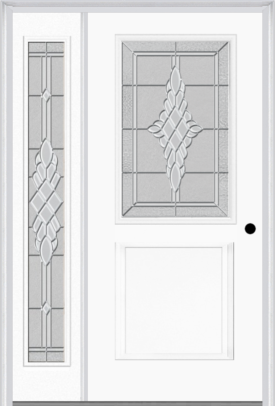 MMI 1/2 Lite 1 Panel 6'8" Fiberglass Smooth Grace Nickel Or Grace Patina Exterior Prehung Door With 1 Full Lite Grace Nickel/Patina Decorative Glass Sidelight 682