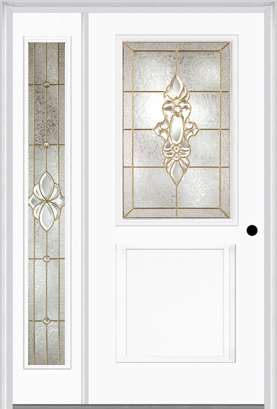 MMI 1/2 Lite 1 Panel 6'8" Fiberglass Smooth Heirlooms Brass Or Heirlooms Satin Nickel Exterior Prehung Door With 1 Full Lite Heirlooms Brass/Satin Nickel Decorative Glass Sidelight 682
