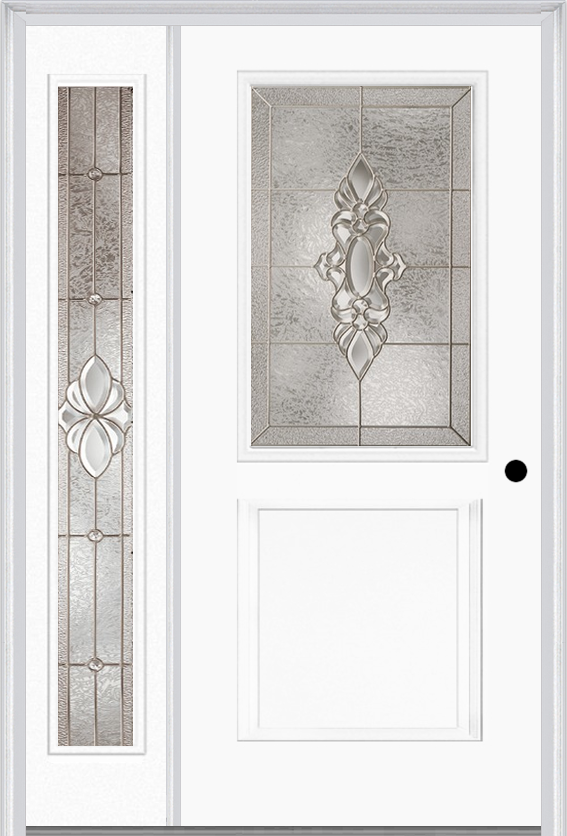 MMI 1/2 Lite 1 Panel 6'8" Fiberglass Smooth Heirlooms Brass Or Heirlooms Satin Nickel Exterior Prehung Door With 1 Full Lite Heirlooms Brass/Satin Nickel Decorative Glass Sidelight 682