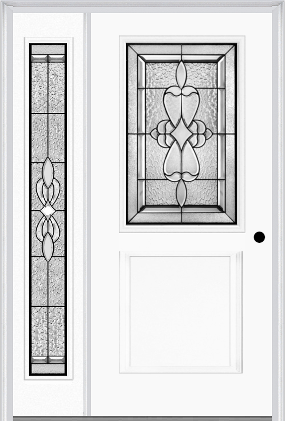 MMI 1/2 Lite 1 Panel 6'8" Fiberglass Smooth Jamestown Patina Exterior Prehung Door With 1 Full Lite Jamestown Patina Decorative Glass Sidelight 682