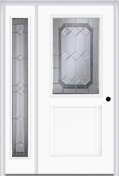 MMI 1/2 Lite 1 Panel 6'8" Fiberglass Smooth Majestic Nickel Exterior Prehung Door With 1 Full Lite Majestic Brass/Nickel Decorative Glass Sidelight 682