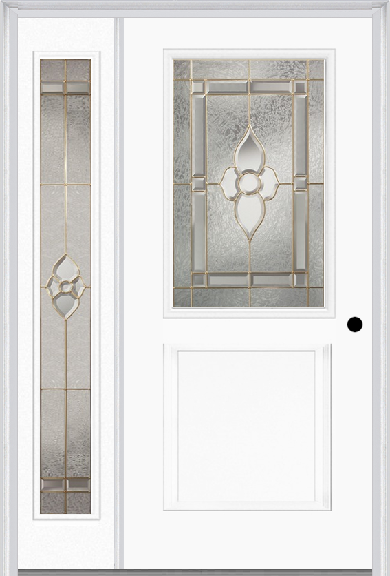 MMI 1/2 Lite 1 Panel 6'8" Fiberglass Smooth Nouveau Nickel Or Nouveau Patina Exterior Prehung Door With 1 Full Lite Nouveau Brass/Nickel/Patina Decorative Glass Sidelight 682