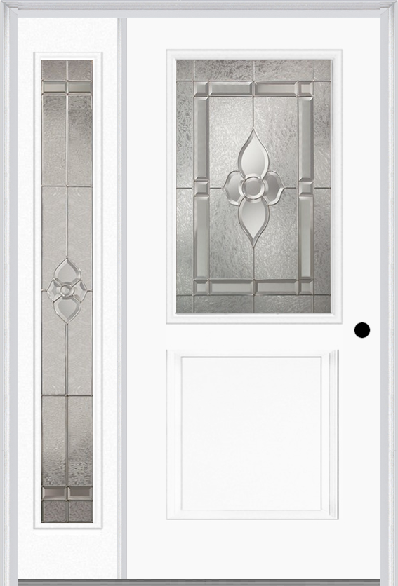 MMI 1/2 Lite 1 Panel 6'8" Fiberglass Smooth Nouveau Nickel Or Nouveau Patina Exterior Prehung Door With 1 Full Lite Nouveau Brass/Nickel/Patina Decorative Glass Sidelight 682