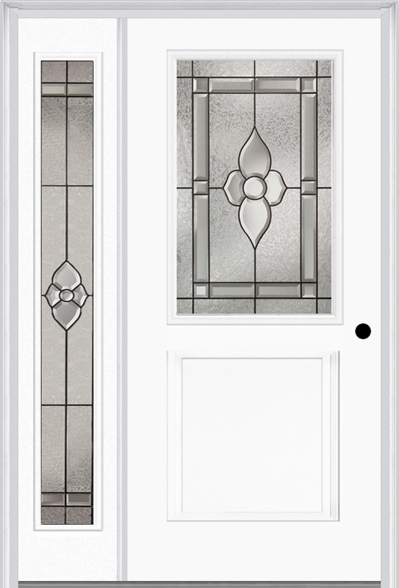 MMI 1/2 Lite 1 Panel 6'8" Fiberglass Smooth Nouveau Nickel Or Nouveau Patina Exterior Prehung Door With 1 Full Lite Nouveau Brass/Nickel/Patina Decorative Glass Sidelight 682