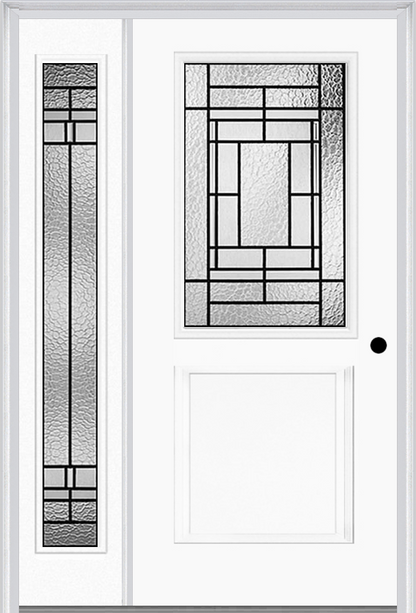 MMI 1/2 Lite 1 Panel 6'8" Fiberglass Smooth Pembrook Patina Exterior Prehung Door With 1 Full Lite Pembrook Patina Decorative Glass Sidelight 682