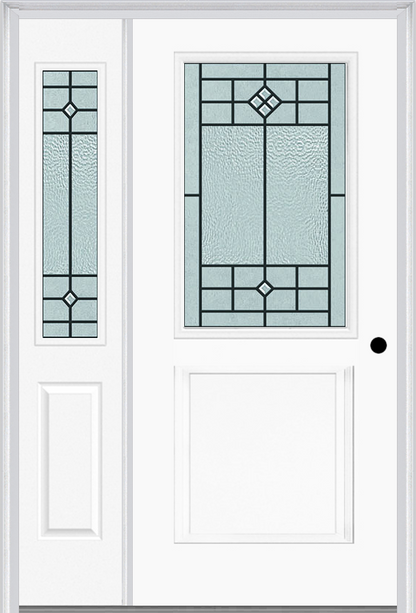 MMI 1/2 Lite 1 Panel 6'8" Fiberglass Smooth Beaufort Patina Exterior Prehung Door With 1 Half Lite Beaufort Patina Decorative Glass Sidelight 682