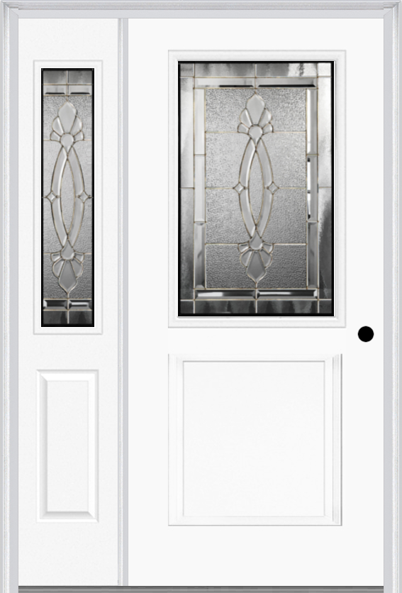 MMI 1/2 Lite 1 Panel 6'8" Fiberglass Smooth Belaire Zinc Exterior Prehung Door With 1 Half Lite Belaire Zinc Decorative Glass Sidelight 682