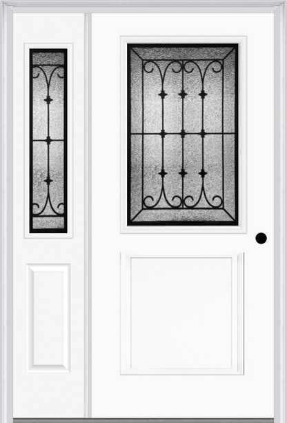 MMI 1/2 Lite 1 Panel 6'8" Fiberglass Smooth Chateau Wrought Iron Exterior Prehung Door With 1 Half Lite Chateau Wrought Iron Decorative Glass Sidelight 682