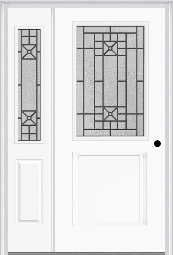 MMI 1/2 Lite 1 Panel 6'8" Fiberglass Smooth Courtyard Nickel Vein Wrought Iron Exterior Prehung Door With 1 Half Lite Courtyard Nickel Vein Wrought Iron Decorative Glass Sidelight 682