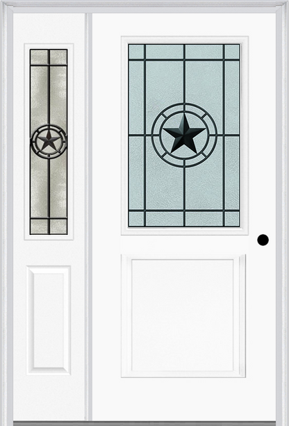 MMI 1/2 Lite 1 Panel 6'8" Fiberglass Smooth Elegant Star Wrought Iron Exterior Prehung Door With 1 Half Lite Elegant Star Wrought Iron Decorative Glass Sidelight 682