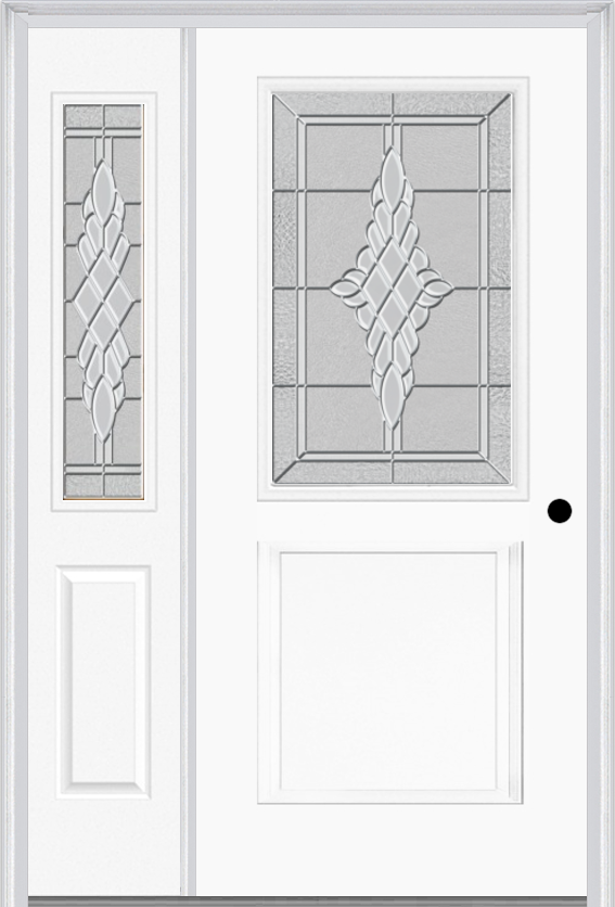 MMI 1/2 Lite 1 Panel 6'8" Fiberglass Smooth Grace Nickel Or Grace Patina Exterior Prehung Door With 1 Half Lite Grace Nickel/Patina Decorative Glass Sidelight 682