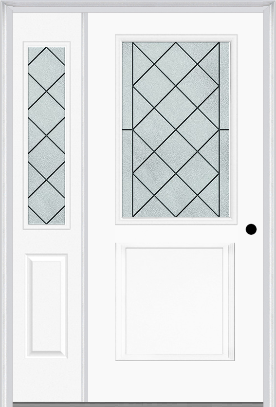 MMI 1/2 Lite 1 Panel 6'8" Fiberglass Smooth Harris Patina Exterior Prehung Door With 1 Half Lite Harris Patina Decorative Glass Sidelight 682