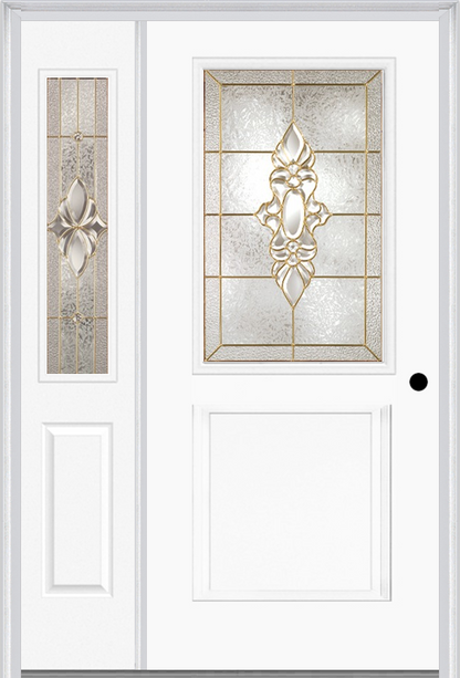 MMI 1/2 Lite 1 Panel 6'8" Fiberglass Smooth Heirlooms Brass Or Heirlooms Satin Nickel Exterior Prehung Door With 1 Half Lite Heirlooms Brass/Satin Nickel Decorative Glass Sidelight 682