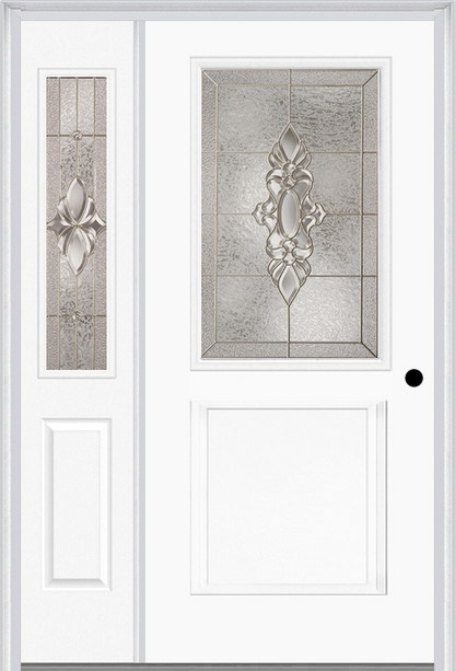 MMI 1/2 Lite 1 Panel 6'8" Fiberglass Smooth Heirlooms Brass Or Heirlooms Satin Nickel Exterior Prehung Door With 1 Half Lite Heirlooms Brass/Satin Nickel Decorative Glass Sidelight 682