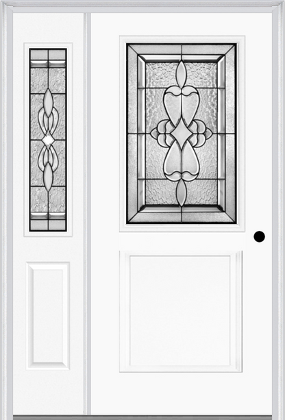 MMI 1/2 Lite 1 Panel 6'8" Fiberglass Smooth Jamestown Patina Exterior Prehung Door With 1 Half Lite Jamestown Patina Decorative Glass Sidelight 682