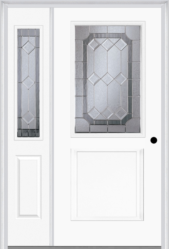 MMI 1/2 Lite 1 Panel 6'8" Fiberglass Smooth Majestic Nickel Exterior Prehung Door With 1 Half Lite Majestic Brass/Nickel Decorative Glass Sidelight 682