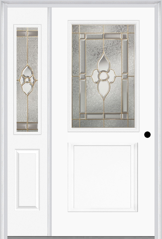 MMI 1/2 Lite 1 Panel 6'8" Fiberglass Smooth Nouveau Nickel Or Nouveau Patina Exterior Prehung Door With 1 Half Lite Nouveau Brass/Nickel/Patina Decorative Glass Sidelight 682