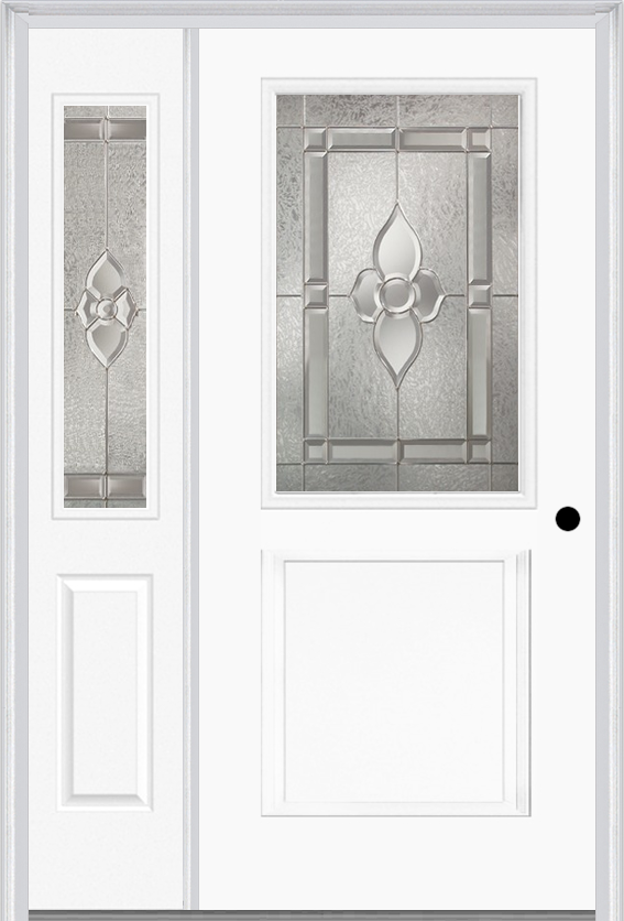 MMI 1/2 Lite 1 Panel 6'8" Fiberglass Smooth Nouveau Nickel Or Nouveau Patina Exterior Prehung Door With 1 Half Lite Nouveau Brass/Nickel/Patina Decorative Glass Sidelight 682