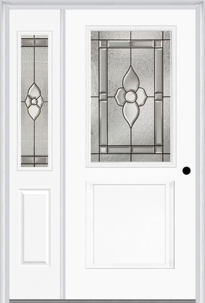 MMI 1/2 Lite 1 Panel 6'8" Fiberglass Smooth Nouveau Nickel Or Nouveau Patina Exterior Prehung Door With 1 Half Lite Nouveau Brass/Nickel/Patina Decorative Glass Sidelight 682