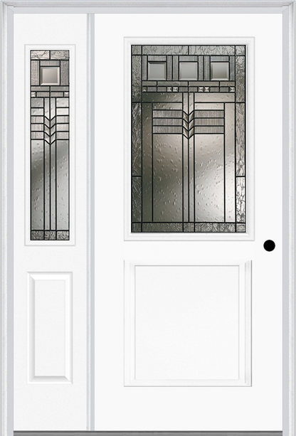 MMI 1/2 Lite 1 Panel 6'8" Fiberglass Smooth Oak Park Patina Exterior Prehung Door With 1 Half Lite Oak Park Patina Decorative Glass Sidelight 682