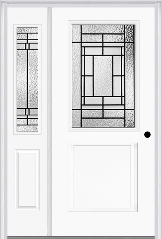 MMI 1/2 Lite 1 Panel 6'8" Fiberglass Smooth Pembrook Patina Exterior Prehung Door With 1 Half Lite Pembrook Patina Decorative Glass Sidelight 682