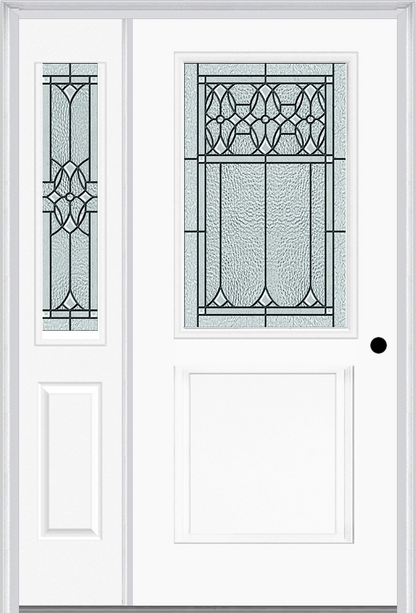 MMI 1/2 Lite 1 Panel 6'8" Fiberglass Smooth Selwyn Patina Exterior Prehung Door With 1 Half Lite Selwyn Patina Decorative Glass Sidelight 682