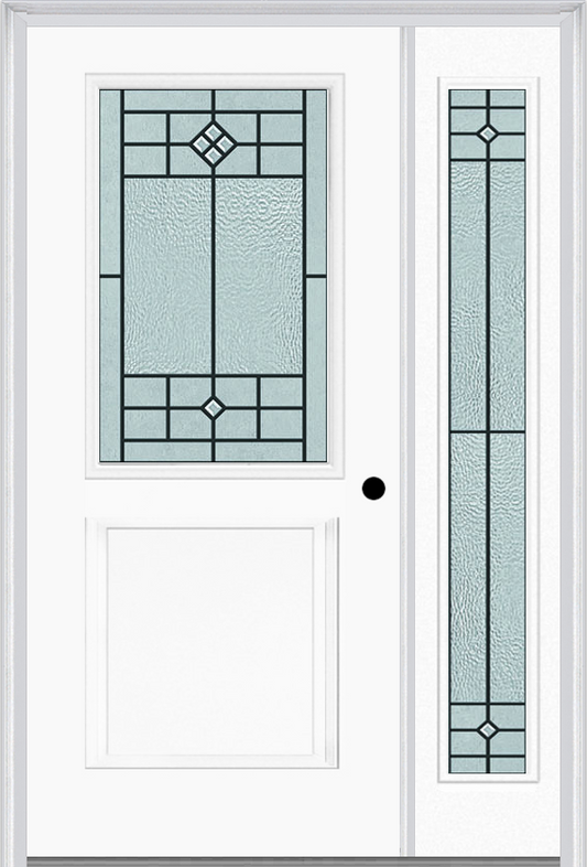 MMI 1/2 Lite 1 Panel 6'8" Fiberglass Smooth Beaufort Patina Exterior Prehung Door With 1 Full Lite Beaufort Patina Decorative Glass Sidelight 682