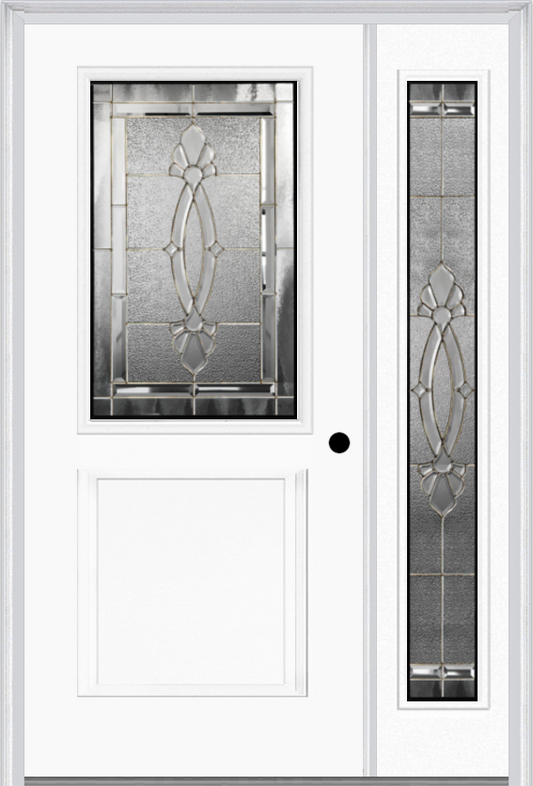 MMI 1/2 Lite 1 Panel 6'8" Fiberglass Smooth Belaire Zinc Exterior Prehung Door With 1 Full Lite Belaire Zinc Decorative Glass Sidelight 682