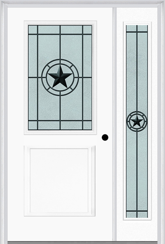 MMI 1/2 Lite 1 Panel 6'8" Fiberglass Smooth Elegant Star Wrought Iron Exterior Prehung Door With 1 Full Lite Elegant Star Wrought Iron Decorative Glass Sidelight 682