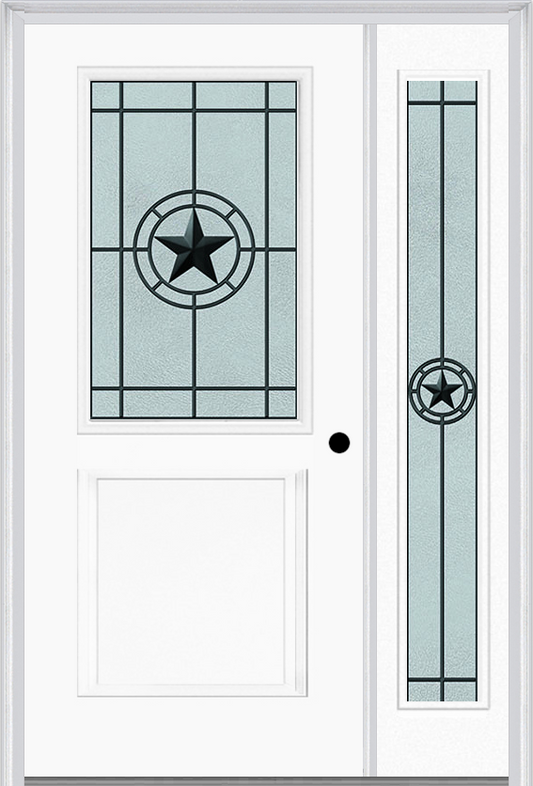 MMI 1/2 Lite 1 Panel 6'8" Fiberglass Smooth Elegant Star Wrought Iron Exterior Prehung Door With 1 Full Lite Elegant Star Wrought Iron Decorative Glass Sidelight 682