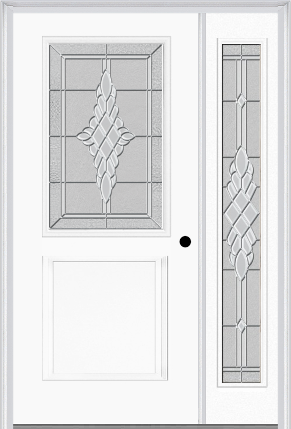 MMI 1/2 Lite 1 Panel 6'8" Fiberglass Smooth Grace Nickel Or Grace Patina Exterior Prehung Door With 1 Full Lite Grace Nickel/Patina Decorative Glass Sidelight 682