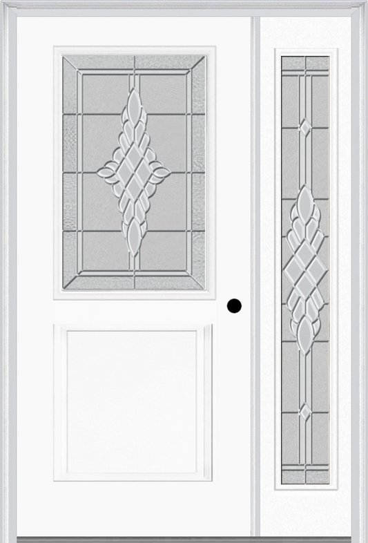 MMI 1/2 Lite 1 Panel 6'8" Fiberglass Smooth Grace Nickel Or Grace Patina Exterior Prehung Door With 1 Full Lite Grace Nickel/Patina Decorative Glass Sidelight 682