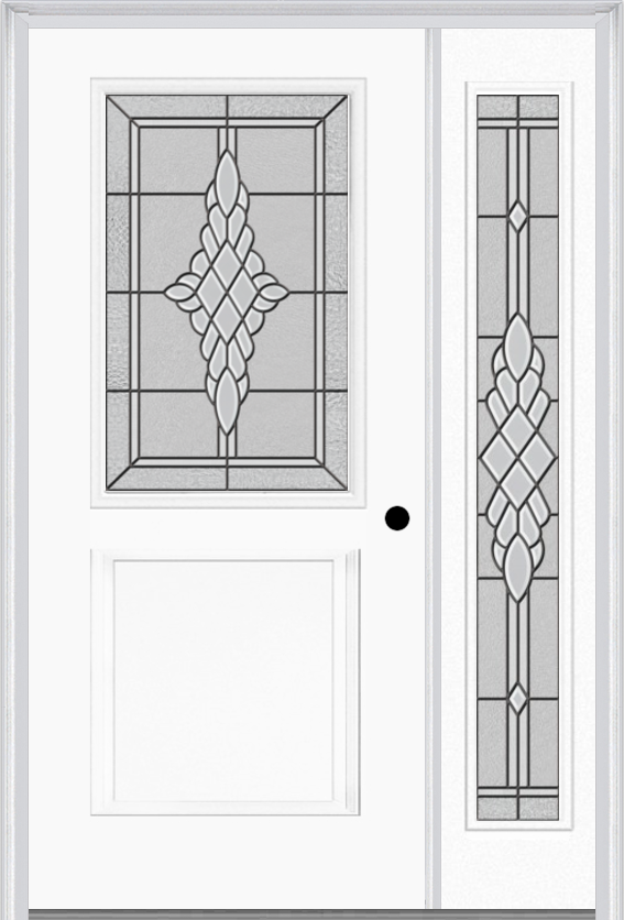 MMI 1/2 Lite 1 Panel 6'8" Fiberglass Smooth Grace Nickel Or Grace Patina Exterior Prehung Door With 1 Full Lite Grace Nickel/Patina Decorative Glass Sidelight 682