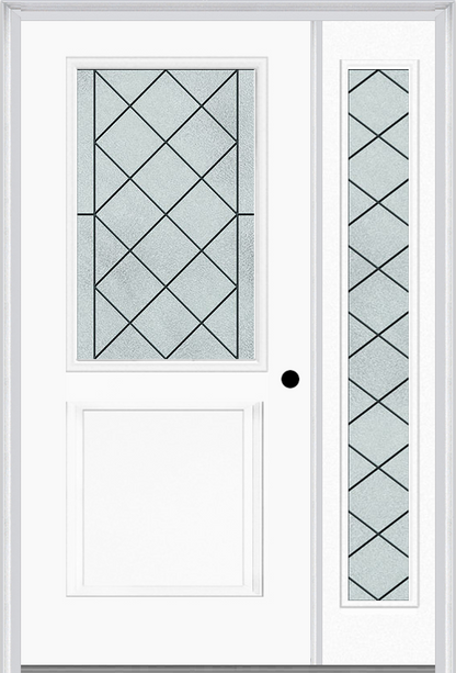 MMI 1/2 Lite 1 Panel 6'8" Fiberglass Smooth Harris Patina Exterior Prehung Door With 1 Full Lite Harris Patina Decorative Glass Sidelight 682