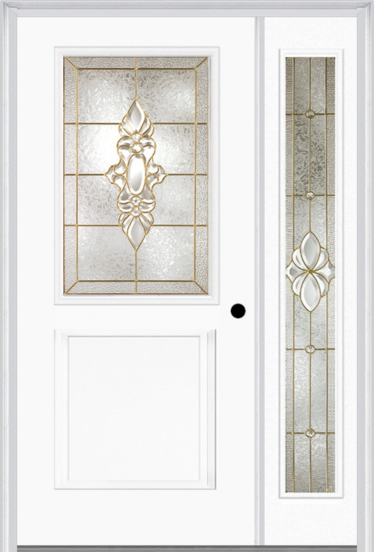 MMI 1/2 Lite 1 Panel 6'8" Fiberglass Smooth Heirlooms Brass Or Heirlooms Satin Nickel Exterior Prehung Door With 1 Full Lite Heirlooms Brass/Satin Nickel Decorative Glass Sidelight 682