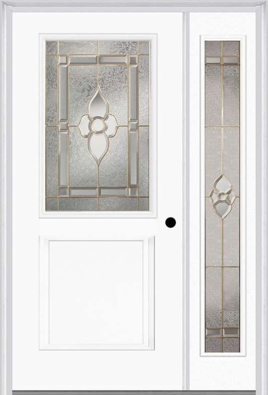 MMI 1/2 Lite 1 Panel 6'8" Fiberglass Smooth Nouveau Nickel Or Nouveau Patina Exterior Prehung Door With 1 Full Lite Nouveau Brass/Nickel/Patina Decorative Glass Sidelight 682