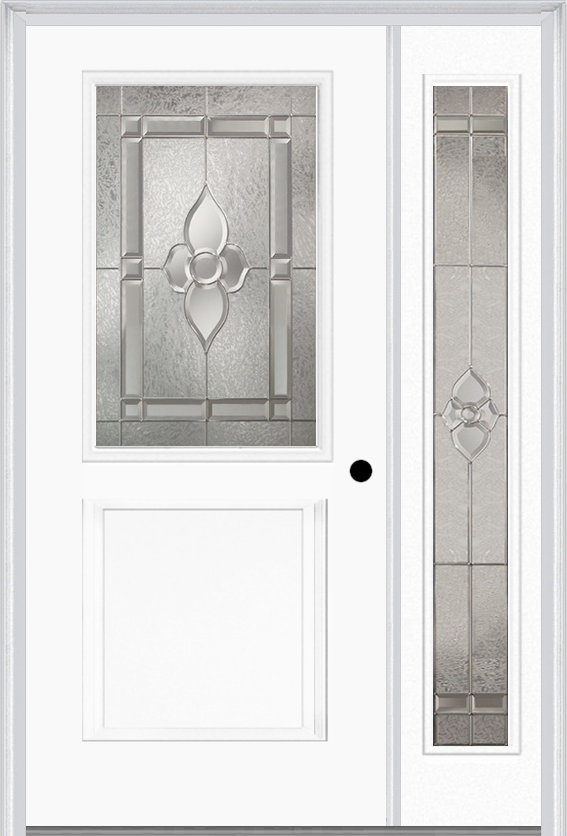 MMI 1/2 Lite 1 Panel 6'8" Fiberglass Smooth Nouveau Nickel Or Nouveau Patina Exterior Prehung Door With 1 Full Lite Nouveau Brass/Nickel/Patina Decorative Glass Sidelight 682
