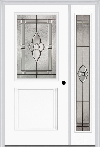 MMI 1/2 Lite 1 Panel 6'8" Fiberglass Smooth Nouveau Brass, Nouveau Nickel, Or Nouveau Patina Exterior Prehung Door With 1 Full Lite Nouveau Brass/Nickel/Patina Decorative Glass Sidelight 682