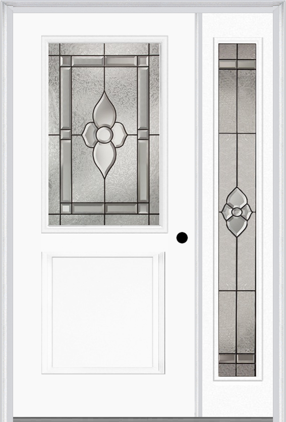 MMI 1/2 Lite 1 Panel 6'8" Fiberglass Smooth Nouveau Nickel Or Nouveau Patina Exterior Prehung Door With 1 Full Lite Nouveau Brass/Nickel/Patina Decorative Glass Sidelight 682
