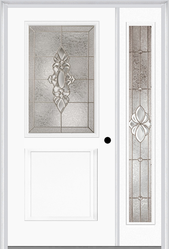MMI 1/2 Lite 1 Panel 6'8" Fiberglass Smooth Heirlooms Brass Or Heirlooms Satin Nickel Exterior Prehung Door With 1 Full Lite Heirlooms Brass/Satin Nickel Decorative Glass Sidelight 682