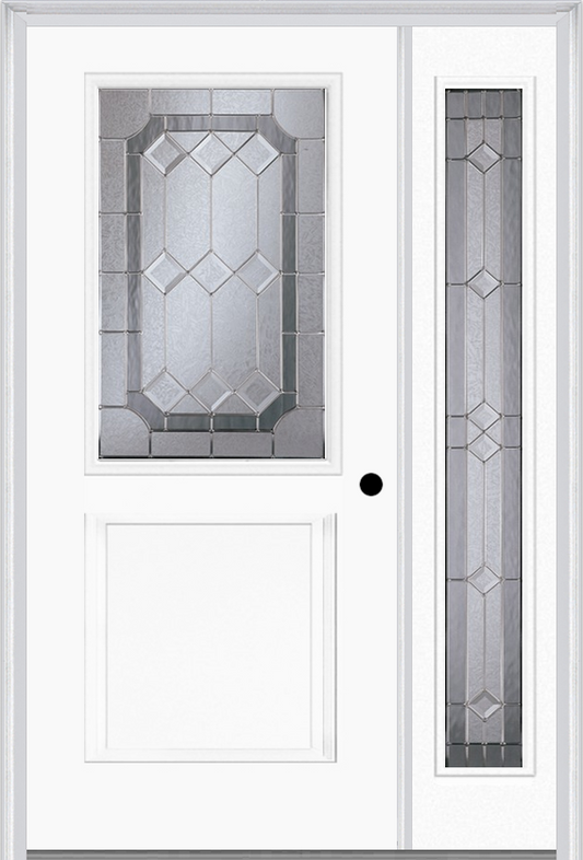 MMI 1/2 Lite 1 Panel 6'8" Fiberglass Smooth Majestic Nickel Exterior Prehung Door With 1 Full Lite Majestic Brass/Nickel Decorative Glass Sidelight 682