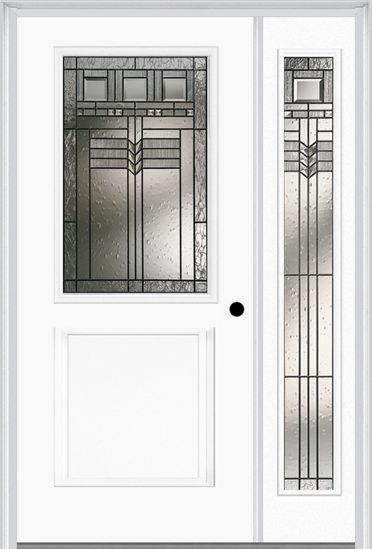 MMI 1/2 Lite 1 Panel 6'8" Fiberglass Smooth Oak Park Patina Exterior Prehung Door With 1 Full Lite Oak Park Patina Decorative Glass Sidelight 682