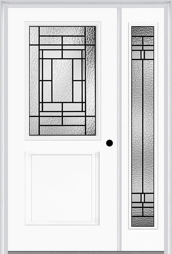 MMI 1/2 Lite 1 Panel 6'8" Fiberglass Smooth Pembrook Patina Exterior Prehung Door With 1 Full Lite Pembrook Patina Decorative Glass Sidelight 682