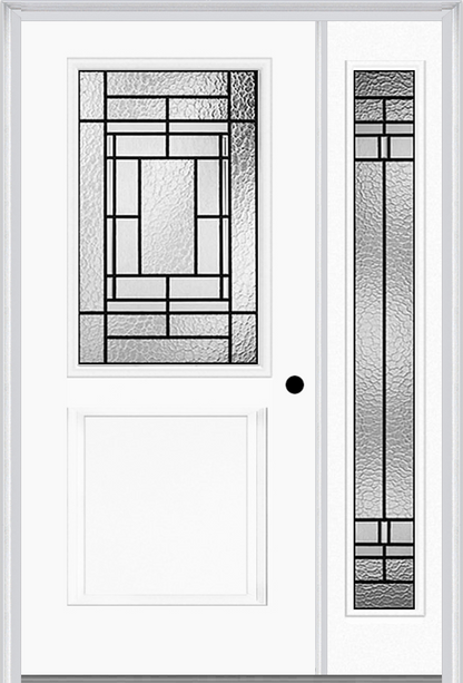 MMI 1/2 Lite 1 Panel 6'8" Fiberglass Smooth Pembrook Patina Exterior Prehung Door With 1 Full Lite Pembrook Patina Decorative Glass Sidelight 682