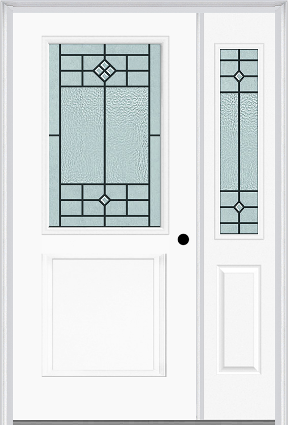 MMI 1/2 Lite 1 Panel 6'8" Fiberglass Smooth Beaufort Patina Exterior Prehung Door With 1 Half Lite Beaufort Patina Decorative Glass Sidelight 682