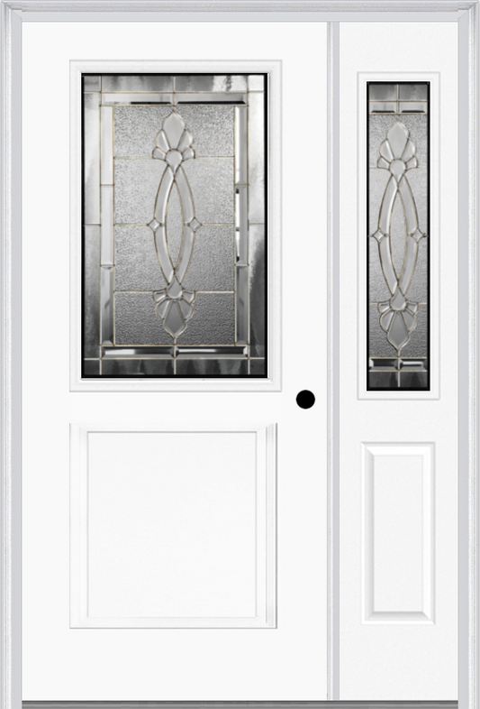 MMI 1/2 Lite 1 Panel 6'8" Fiberglass Smooth Belaire Zinc Exterior Prehung Door With 1 Half Lite Belaire Zinc Decorative Glass Sidelight 682