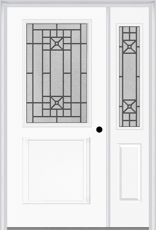 MMI 1/2 Lite 1 Panel 6'8" Fiberglass Smooth Courtyard Nickel Vein Wrought Iron Exterior Prehung Door With 1 Half Lite Courtyard Nickel Vein Wrought Iron Decorative Glass Sidelight 682