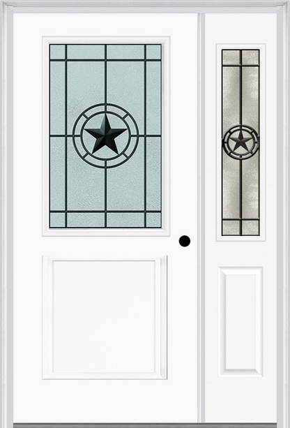 MMI 1/2 Lite 1 Panel 6'8" Fiberglass Smooth Elegant Star Wrought Iron Exterior Prehung Door With 1 Half Lite Elegant Star Wrought Iron Decorative Glass Sidelight 682