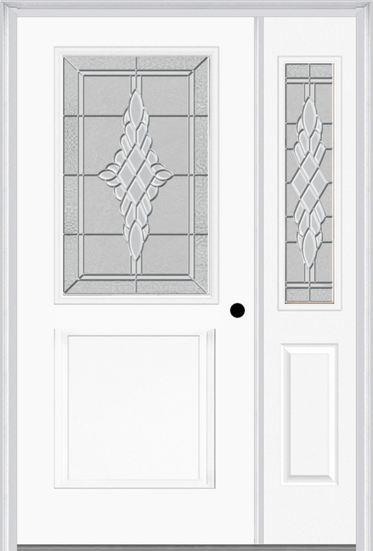 MMI 1/2 Lite 1 Panel 6'8" Fiberglass Smooth Grace Nickel Or Grace Patina Exterior Prehung Door With 1 Half Lite Grace Nickel/Patina Decorative Glass Sidelight 682