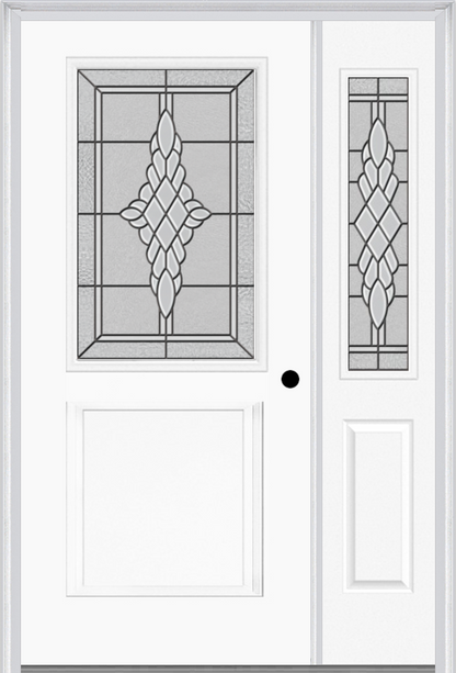 MMI 1/2 Lite 1 Panel 6'8" Fiberglass Smooth Grace Nickel Or Grace Patina Exterior Prehung Door With 1 Half Lite Grace Nickel/Patina Decorative Glass Sidelight 682